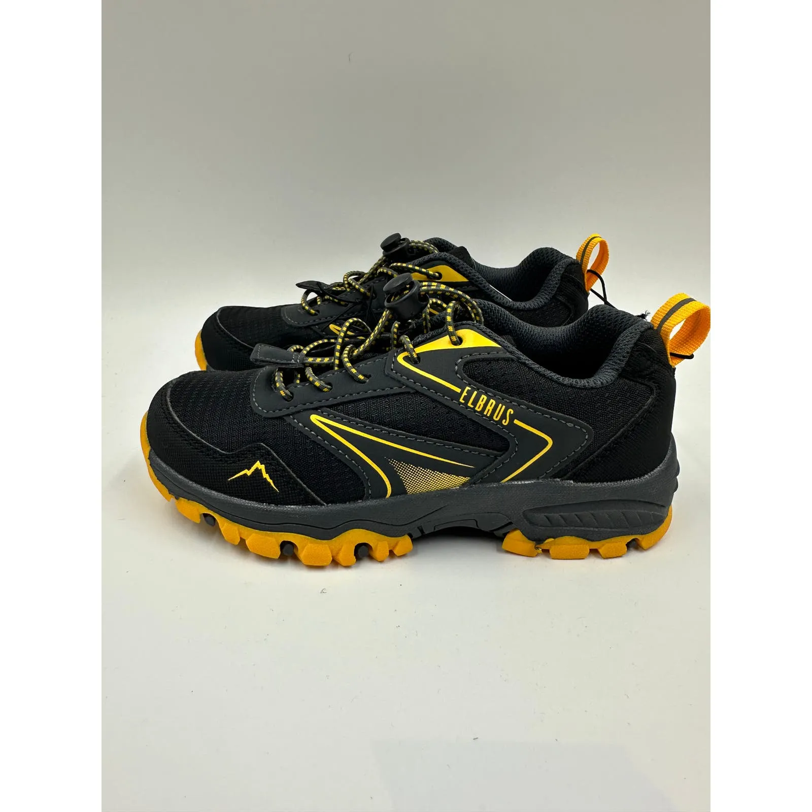 Small Kid Size 13, Black Low Top Hikers with Yellow Accents and Rugged Tread