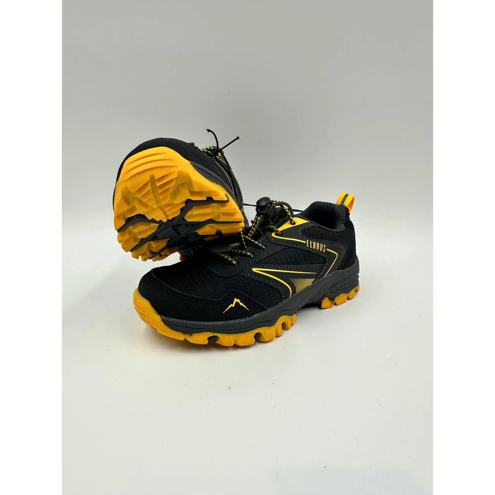 Small Kid Size 13, Black Low Top Hikers with Yellow Accents and Rugged Tread