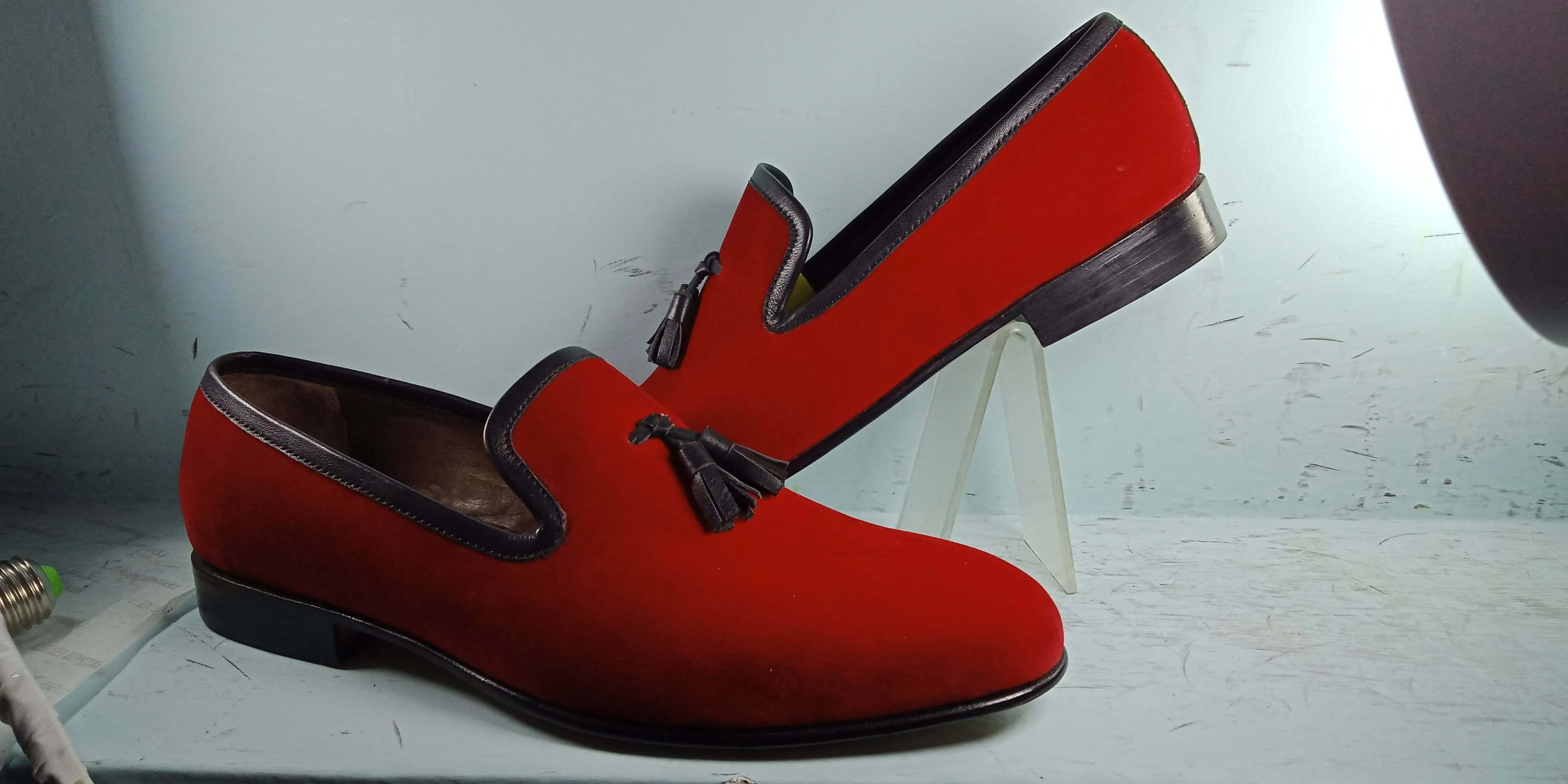 Stylish Red Loafer Tussle Suede Shoes For Men's,Handmade Shoes