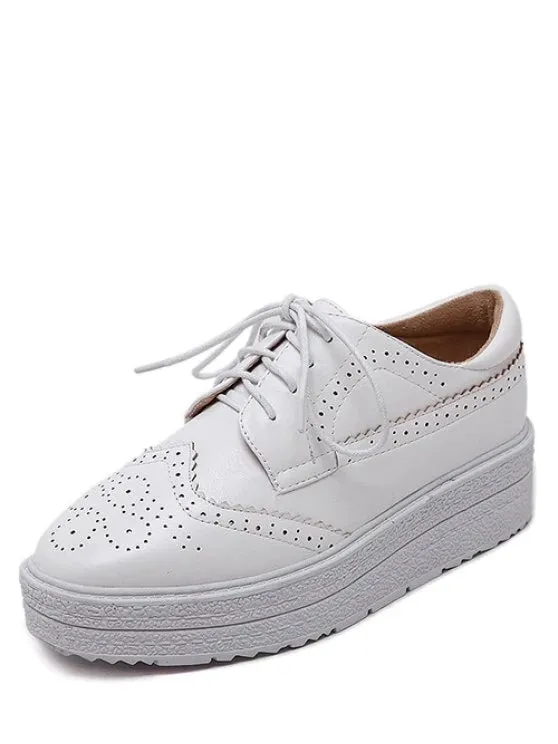 Trendy Faux Leather Wingtip Tie Up Platform Shoes