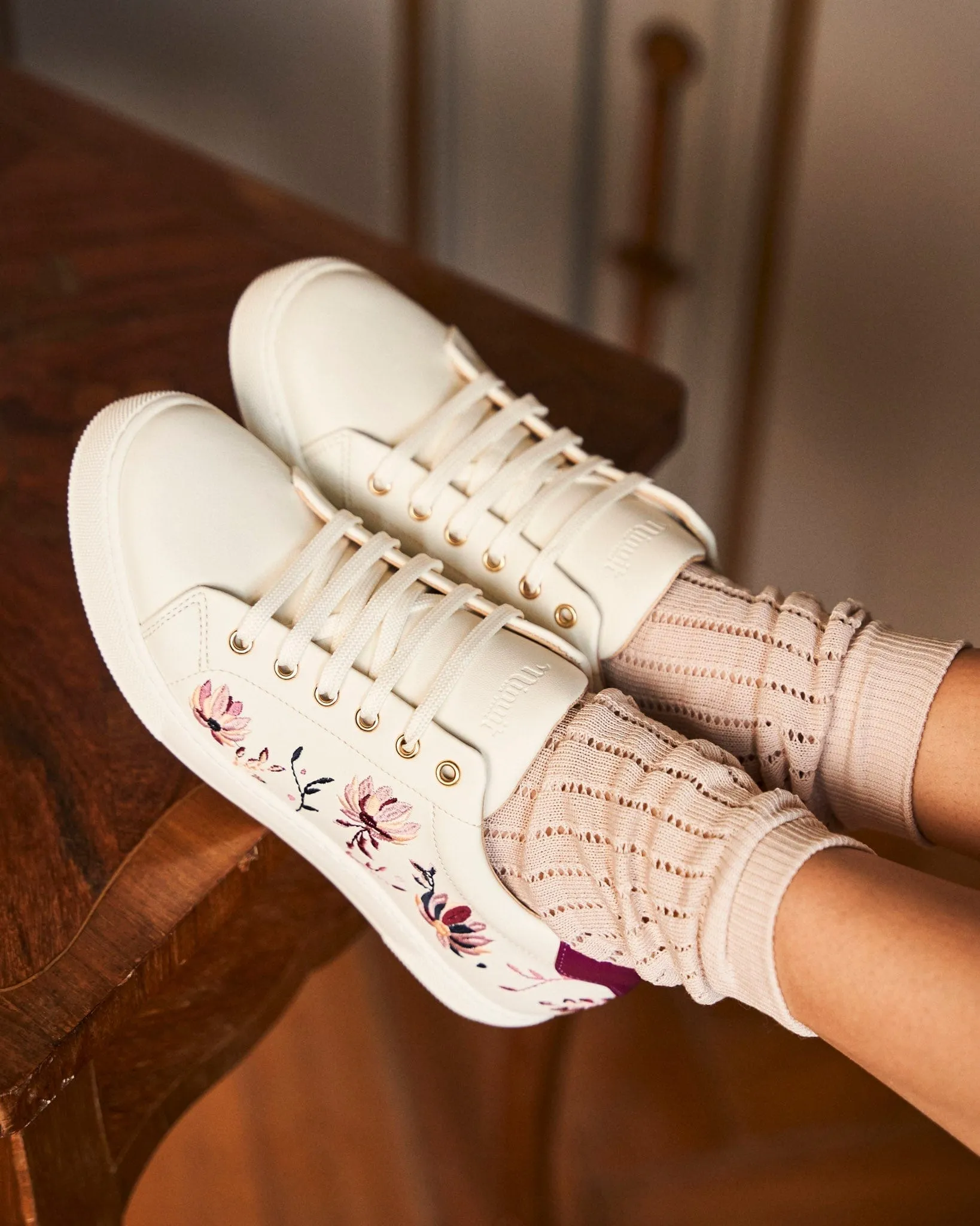 Virevolte Recycled Grain Leather Embroidered Vegan Sneakers | Peonies