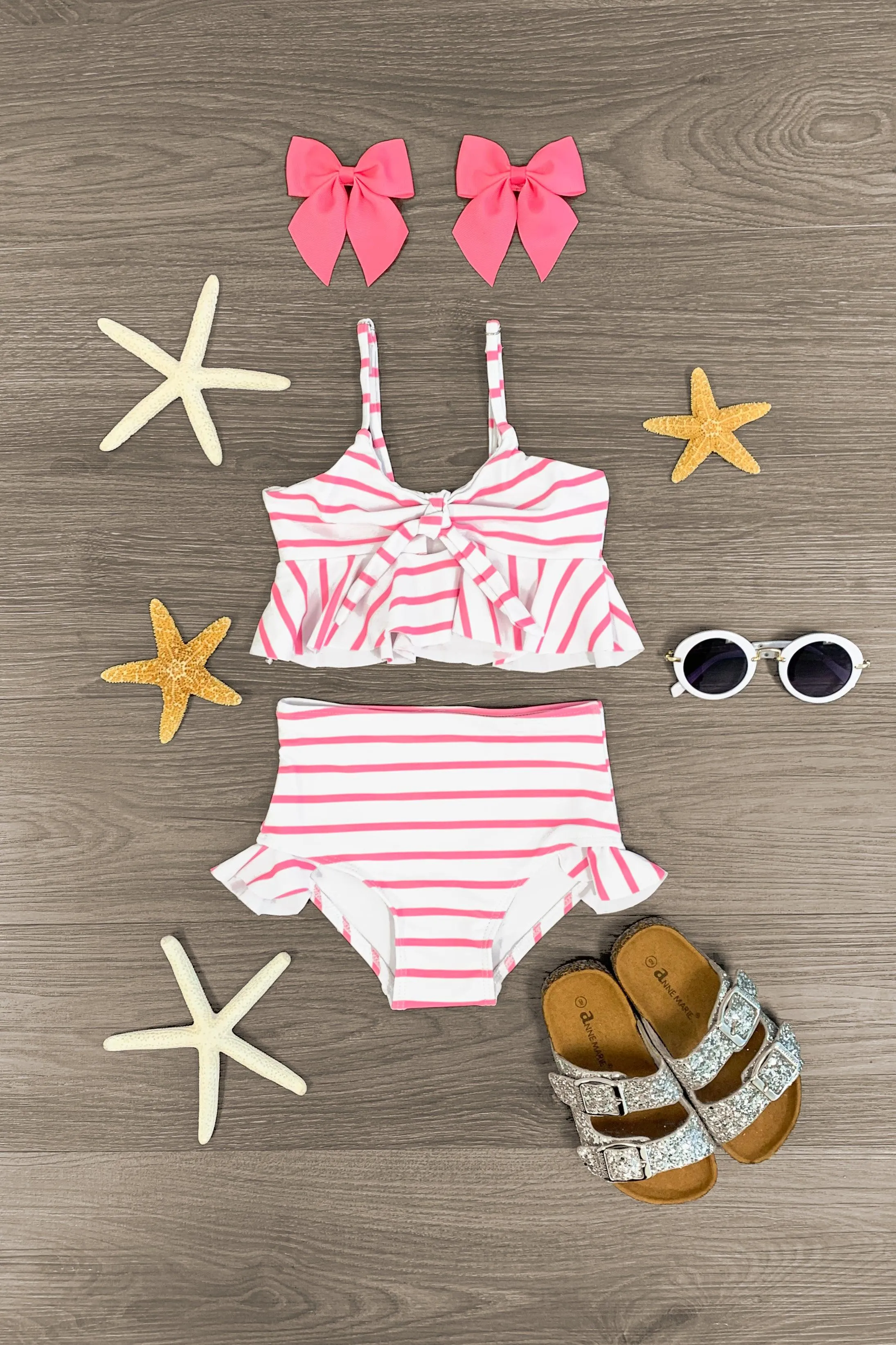 White & Pink Striped Ruffle Bikini