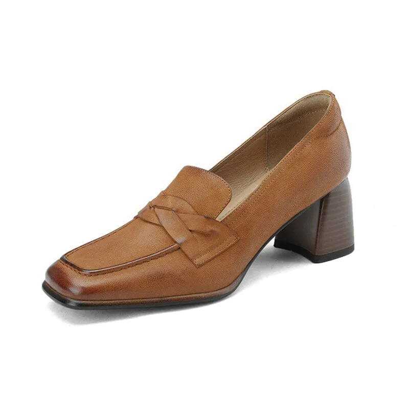 Women's Handmade Retro Square-Toe Block-Heel Loafers in Apricot/Yellow Brown